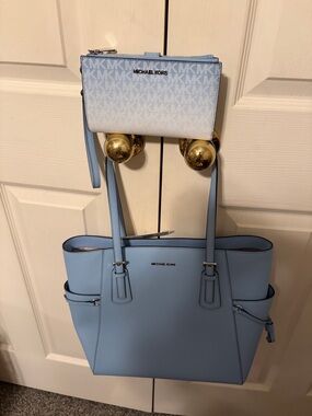 Michael Kors Light Blue Tote with Matching Light Blue/White Wristlet